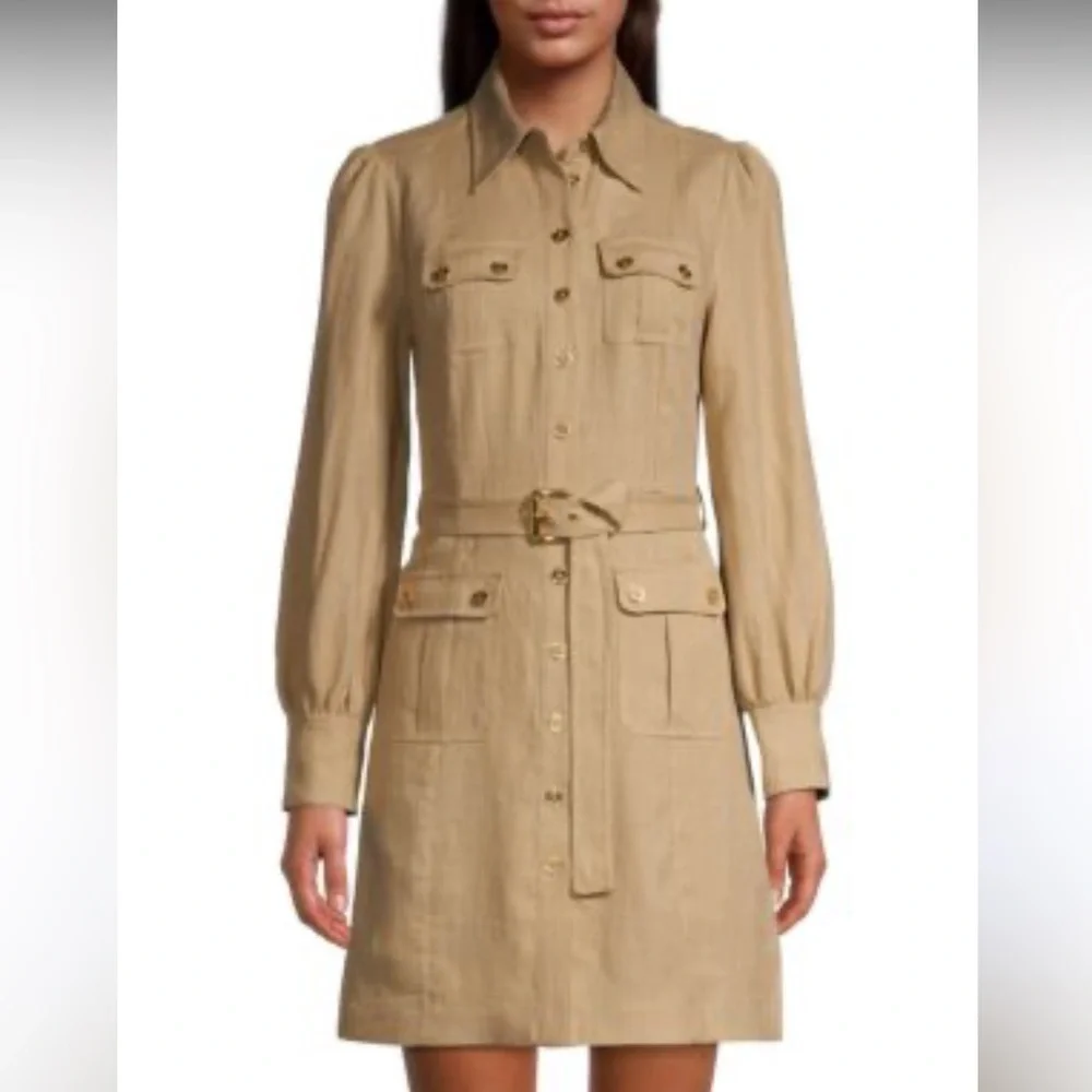 Michael Kors Beige Fabric with Gold Button Dress with chain